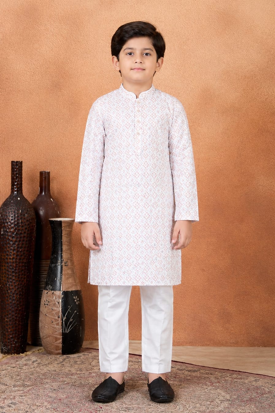 Brown Pure Soft Art Banarasi Silk Digital Print Boys Kurta Pajama 