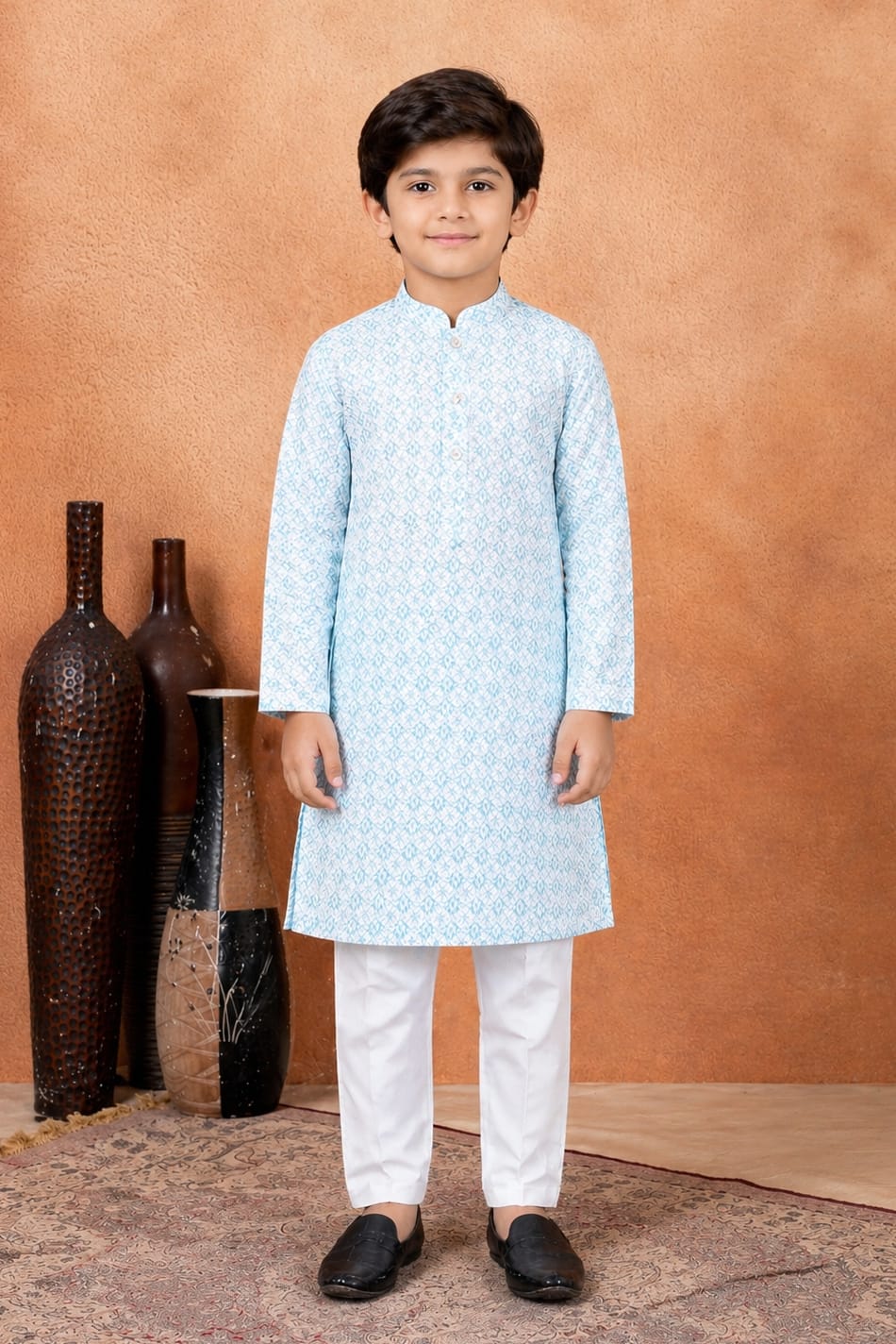Green Pure Soft Art Banarasi Silk Digital Print Boys Kurta Pajama 