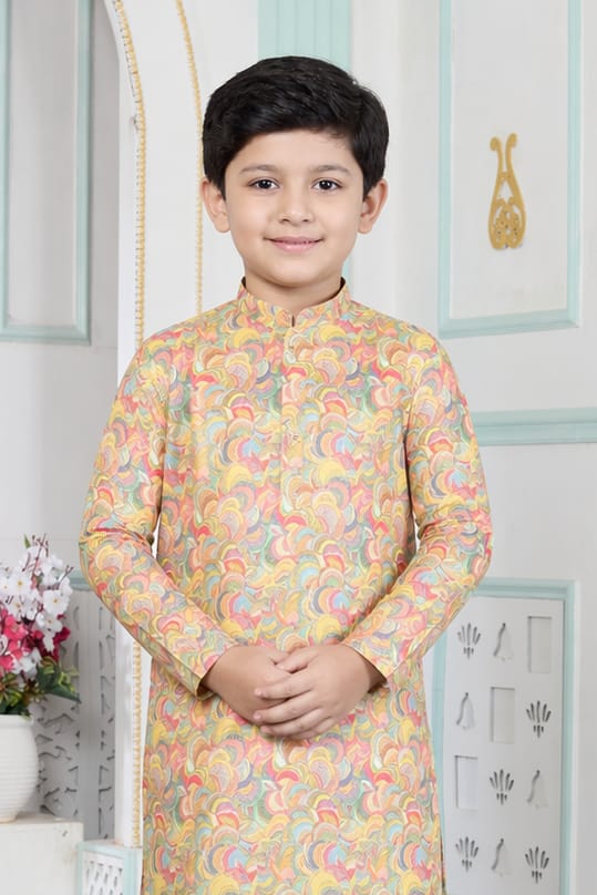 Yellow Pure Soft Art Banarasi Silk Digital Print Boys Kurta Pajama 