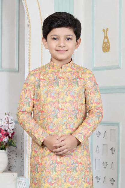 Yellow Pure Soft Art Banarasi Silk Digital Print Boys Kurta Pajama 