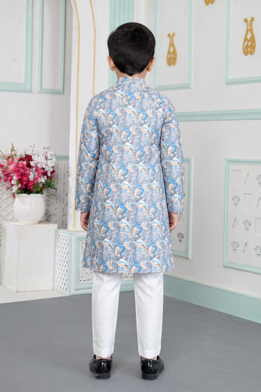 Blue Pure Soft Art Banarasi Silk Digital Print Boys Kurta Pajama 
