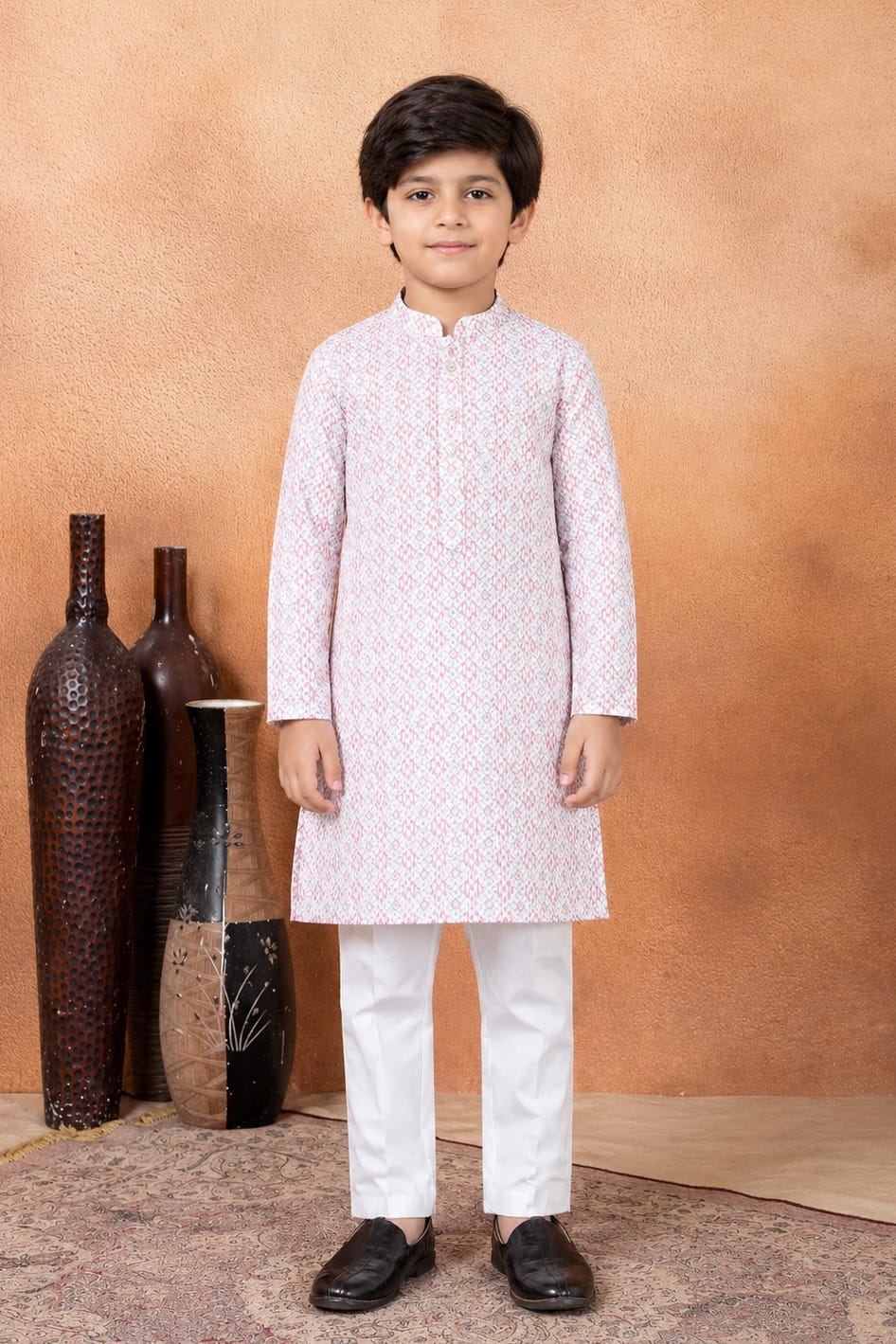 Pink Pure Soft Art Banarasi Silk Digital Print Boys Kurta Pajama 