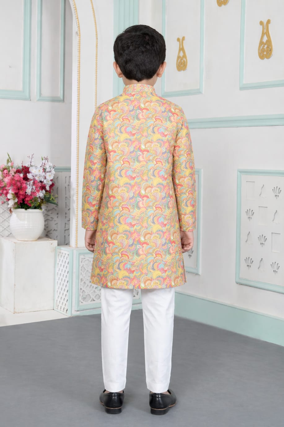 Yellow Pure Soft Art Banarasi Silk Digital Print Boys Kurta Pajama 