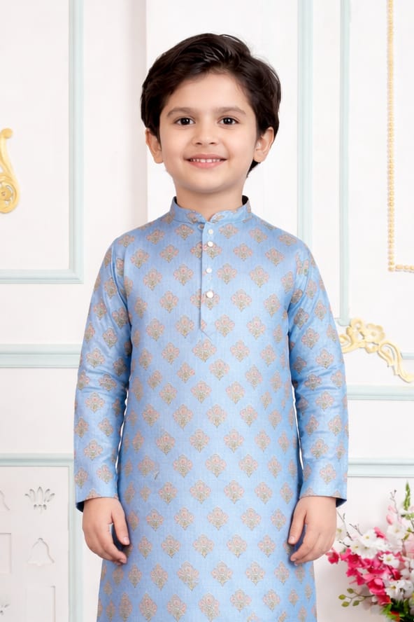 Blue Pure Soft Art Banarasi Silk Digital Print Boys Kurta Pajama 