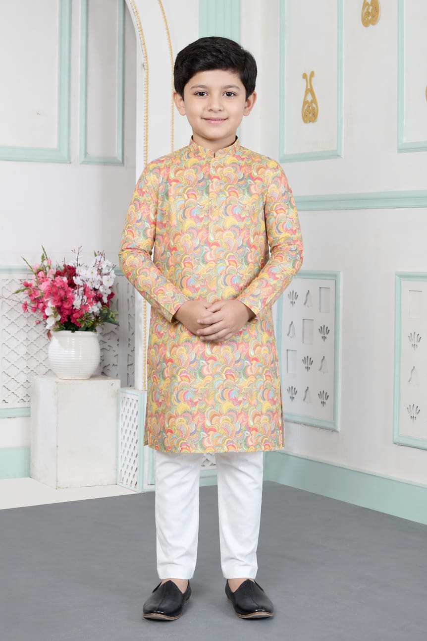 Yellow Pure Soft Art Banarasi Silk Digital Print Boys Kurta Pajama 