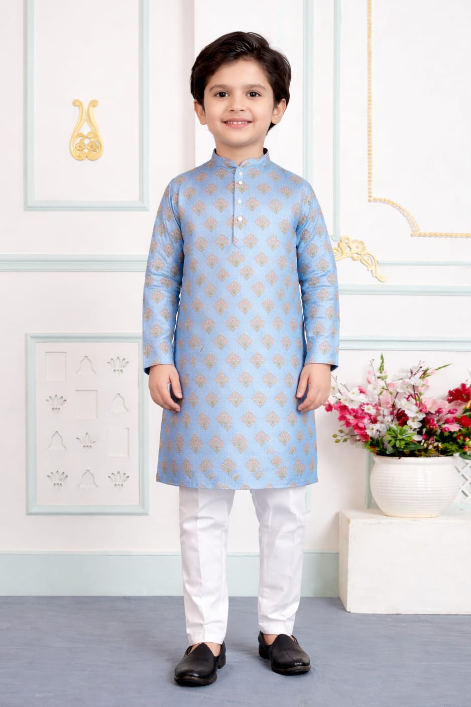 Blue Pure Soft Art Banarasi Silk Digital Print Boys Kurta Pajama 