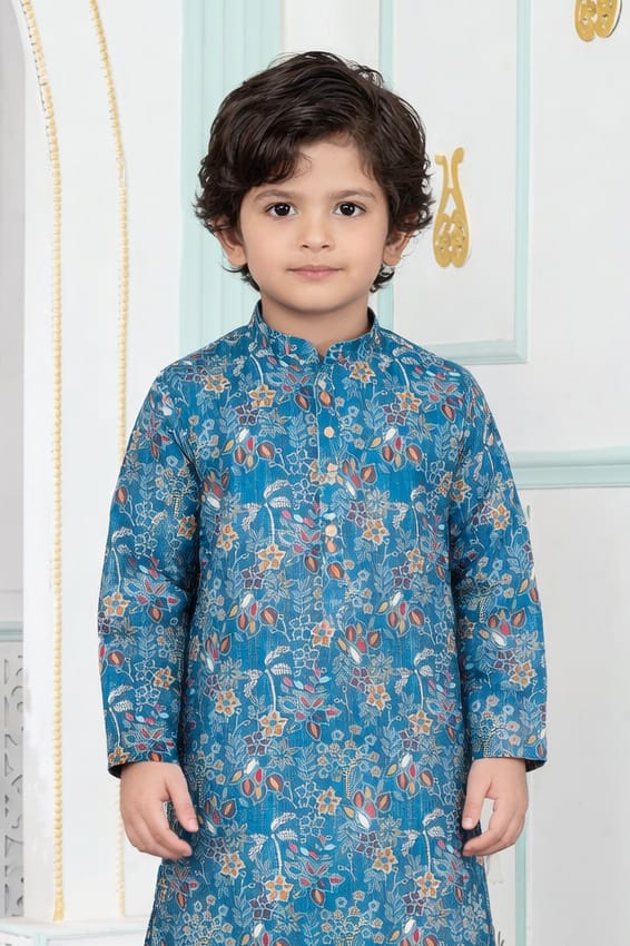 Blue Pure Soft Art Banarasi Silk Digital Print Boys Kurta Pajama 
