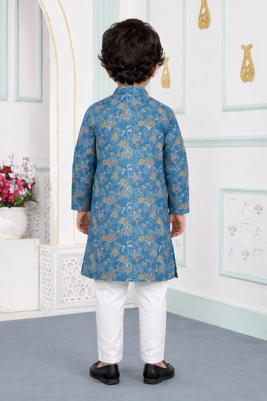 Blue Pure Soft Art Banarasi Silk Digital Print Boys Kurta Pajama 