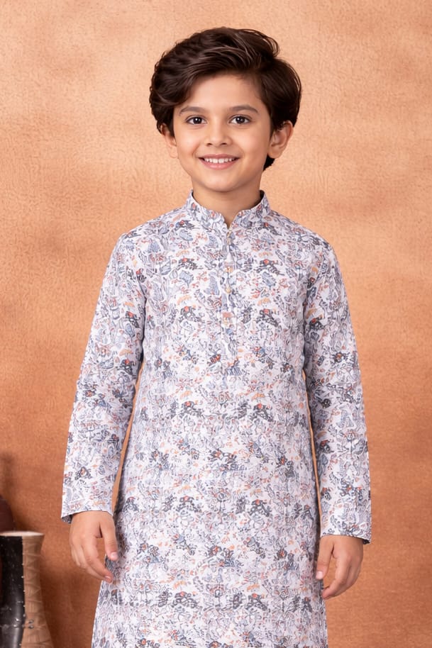 Grey Pure Soft Art Banarasi Silk Digital Print Boys Kurta Pajama 