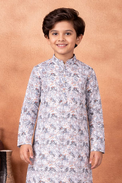 Grey Pure Soft Art Banarasi Silk Digital Print Boys Kurta Pajama 