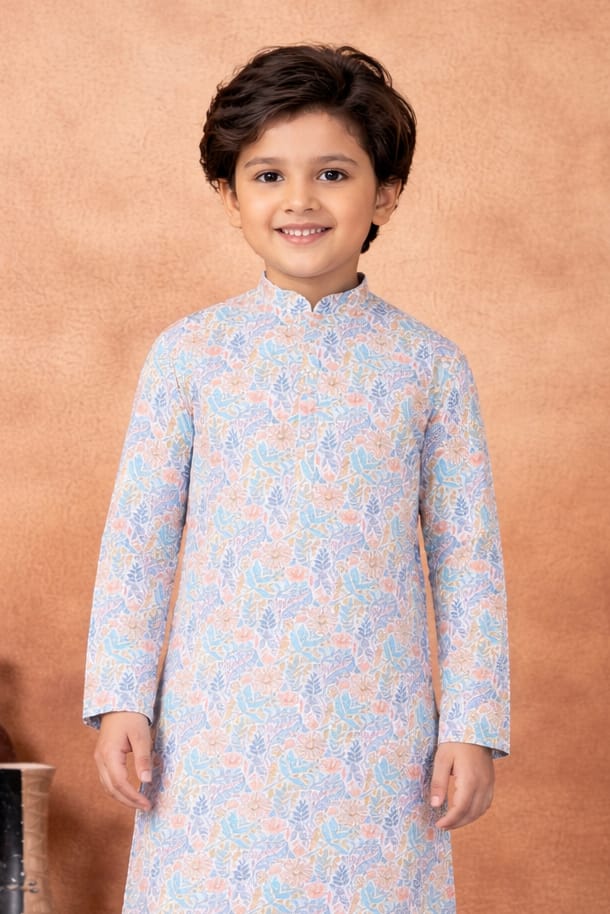 Blue Pure Soft Art Banarasi Silk Digital Print Boys Kurta Pajama 