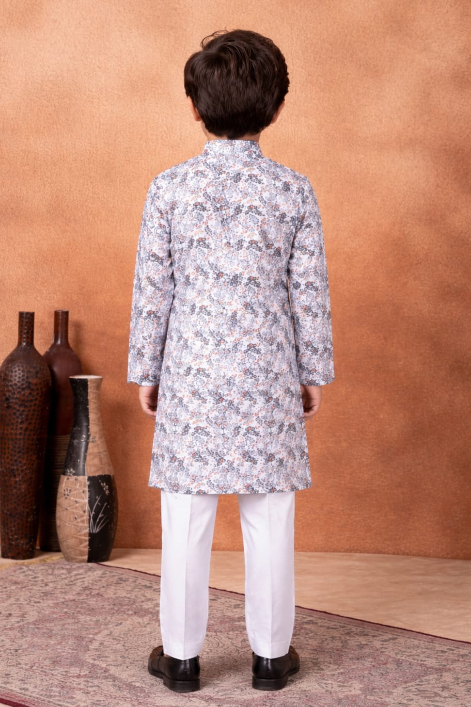 Grey Pure Soft Art Banarasi Silk Digital Print Boys Kurta Pajama 
