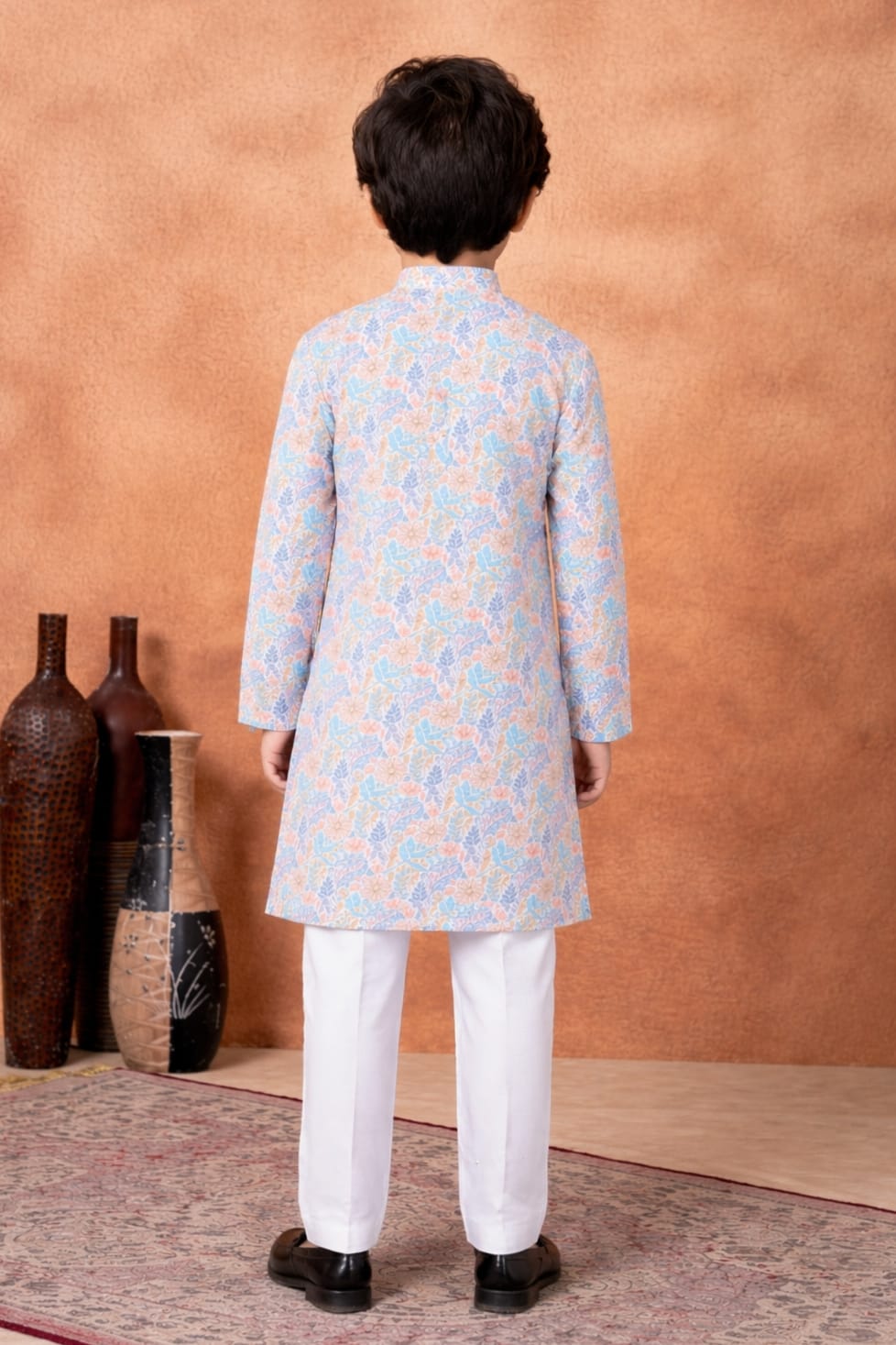 Blue Pure Soft Art Banarasi Silk Digital Print Boys Kurta Pajama 