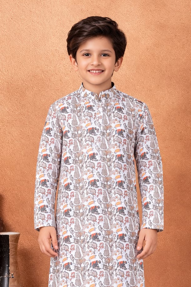 Brown Pure Soft Art Banarasi Silk Digital Print Boys Kurta Pajama 