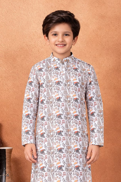 Brown Pure Soft Art Banarasi Silk Digital Print Boys Kurta Pajama 