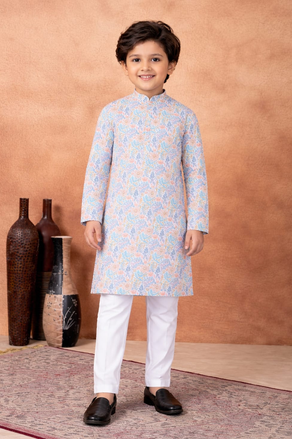 Blue Pure Soft Art Banarasi Silk Digital Print Boys Kurta Pajama 