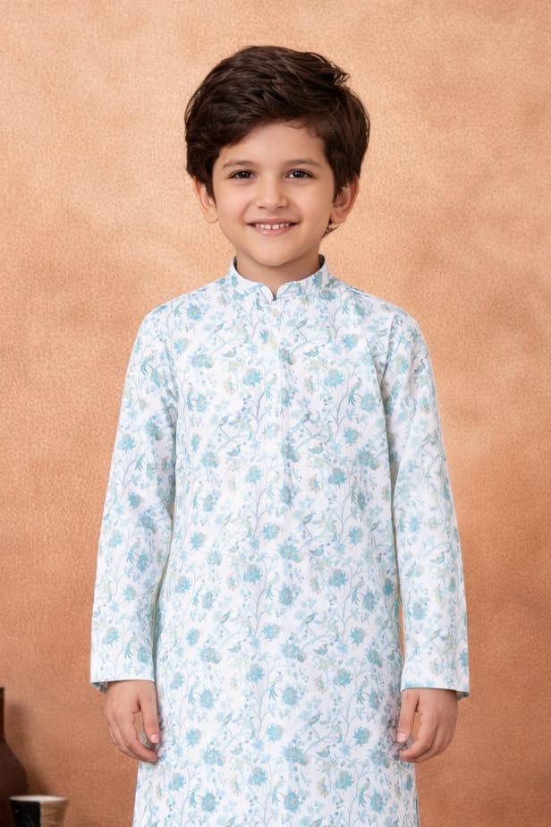 Green Pure Soft Art Banarasi Silk Digital Print Boys Kurta Pajama 