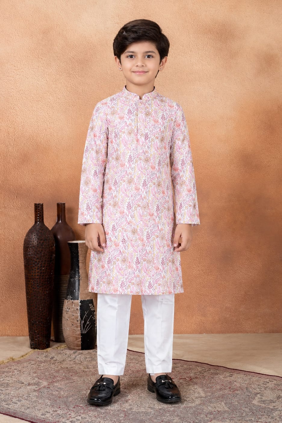 Pink Pure Soft Art Banarasi Silk Digital Print Boys Kurta Pajama 