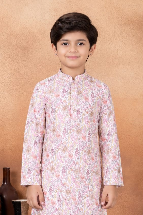 Pink Pure Soft Art Banarasi Silk Digital Print Boys Kurta Pajama 