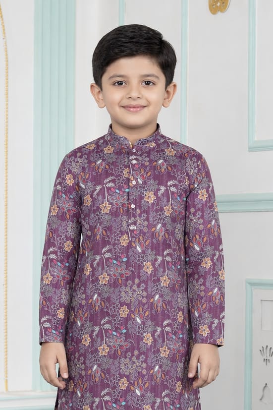 Purple Pure Soft Art Banarasi Silk Digital Print Boys Kurta Pajama 