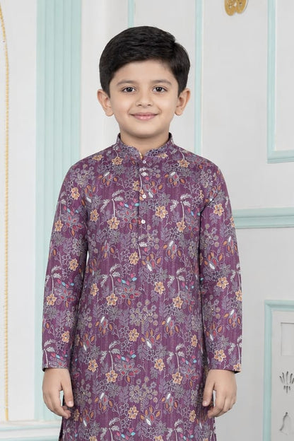 Purple Pure Soft Art Banarasi Silk Digital Print Boys Kurta Pajama 
