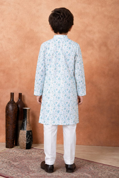 Green Pure Soft Art Banarasi Silk Digital Print Boys Kurta Pajama 