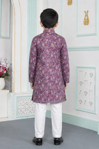 Purple Pure Soft Art Banarasi Silk Digital Print Boys Kurta Pajama 