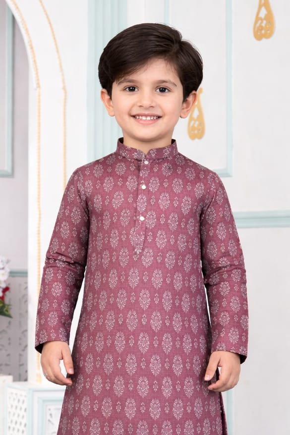 Brown Pure Soft Art Banarasi Silk Digital Print Boys Kurta Pajama 