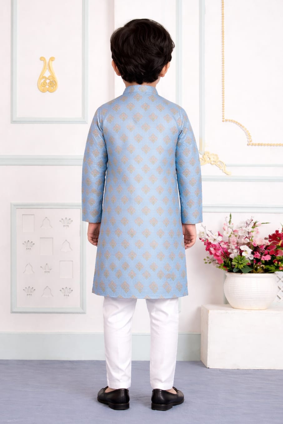 Blue Pure Soft Art Banarasi Silk Digital Print Boys Kurta Pajama 