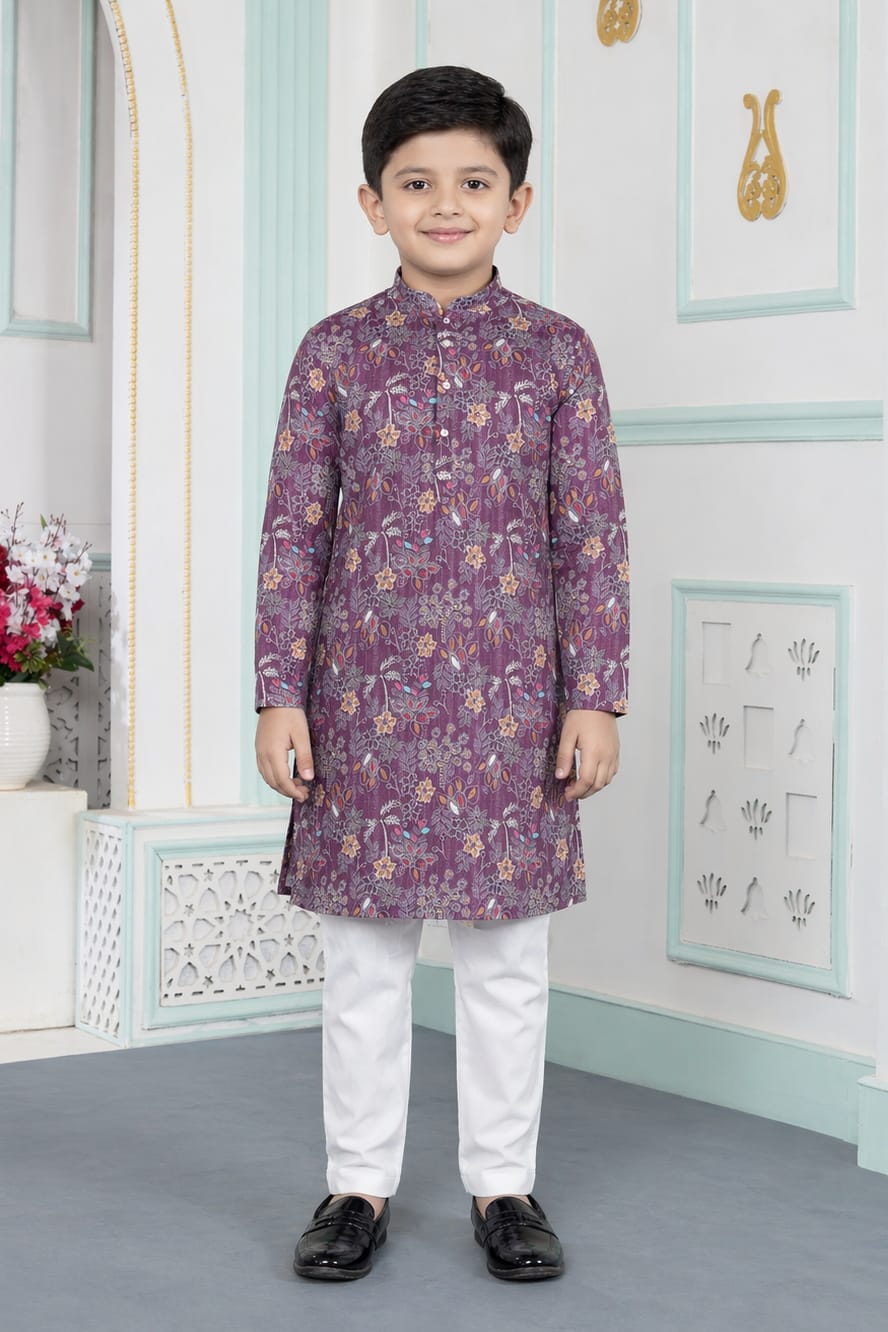 Purple Pure Soft Art Banarasi Silk Digital Print Boys Kurta Pajama 