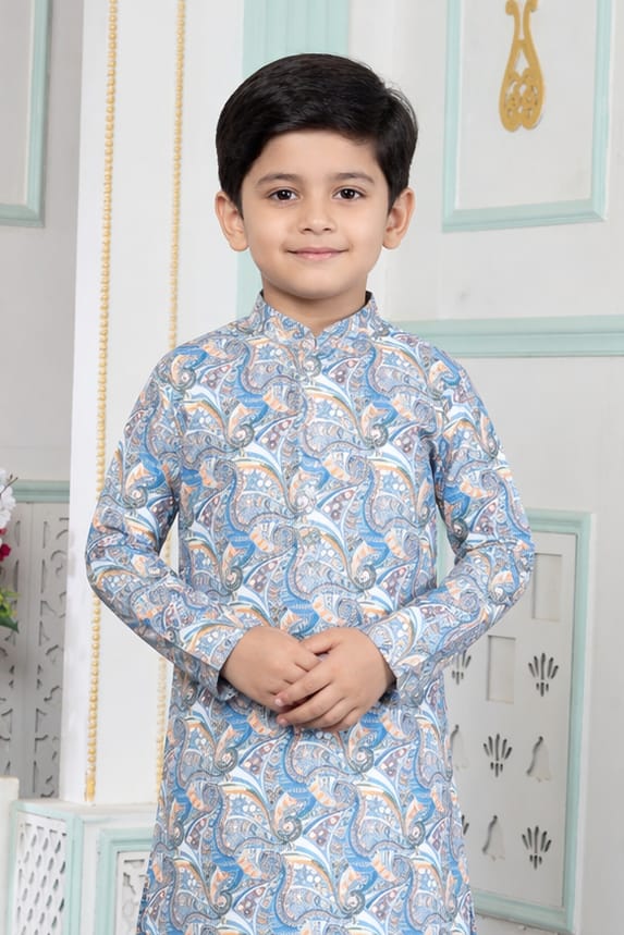 Blue Pure Soft Art Banarasi Silk Digital Print Boys Kurta Pajama 