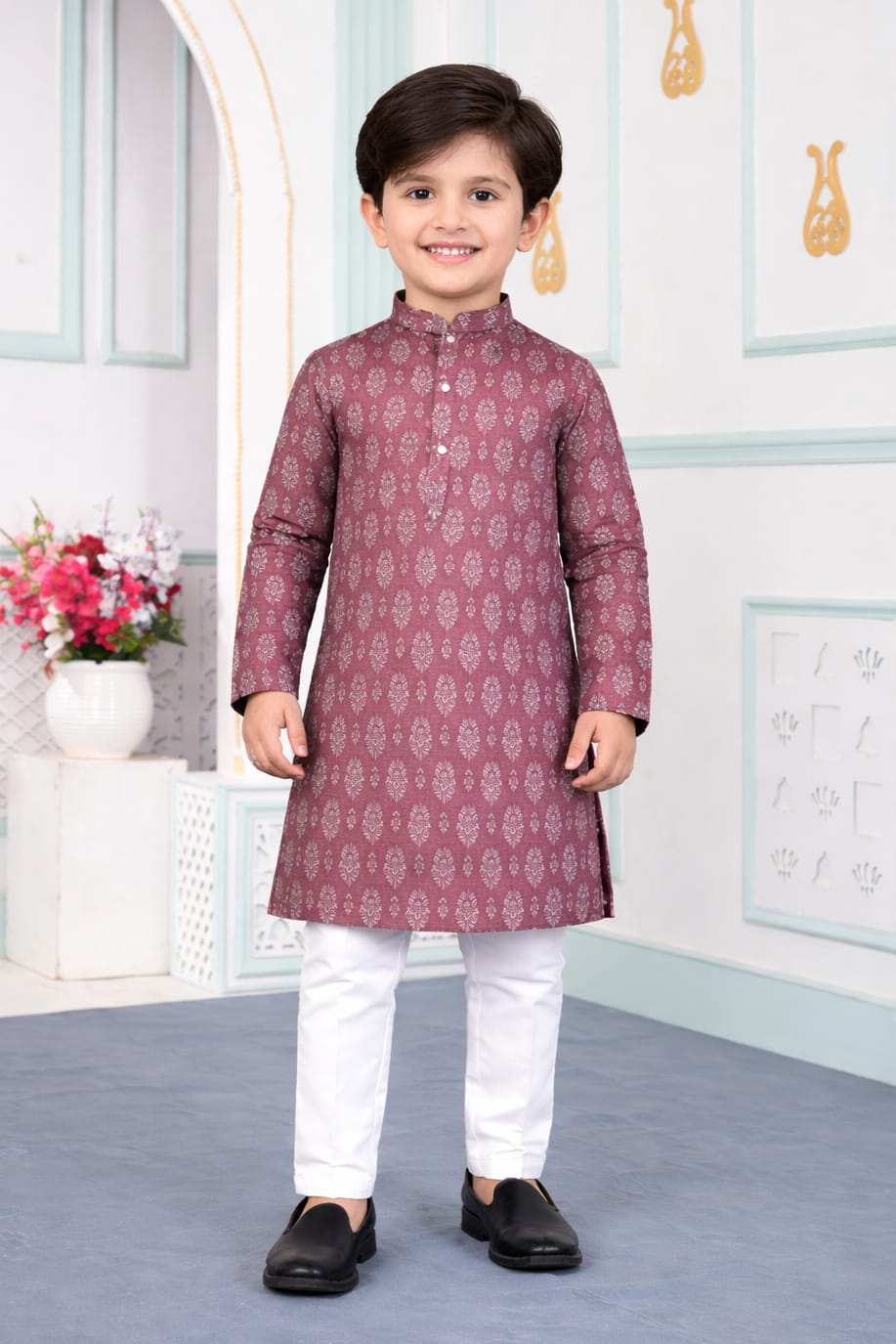 Brown Pure Soft Art Banarasi Silk Digital Print Boys Kurta Pajama 