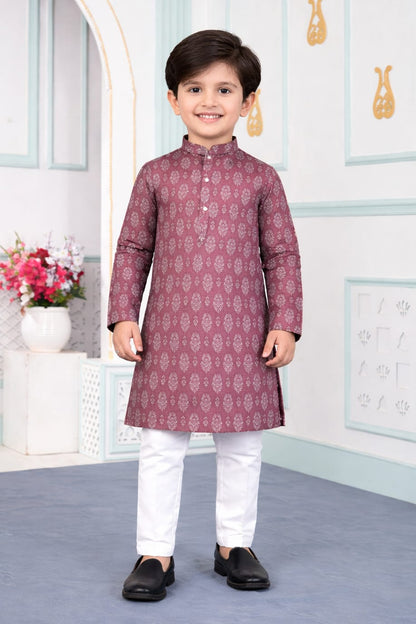 Brown Pure Soft Art Banarasi Silk Digital Print Boys Kurta Pajama 