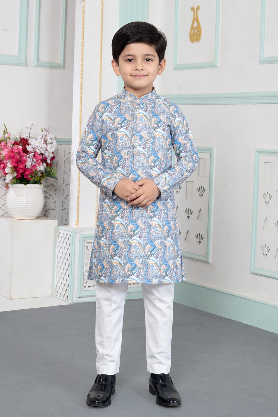 Blue Pure Soft Art Banarasi Silk Digital Print Boys Kurta Pajama 