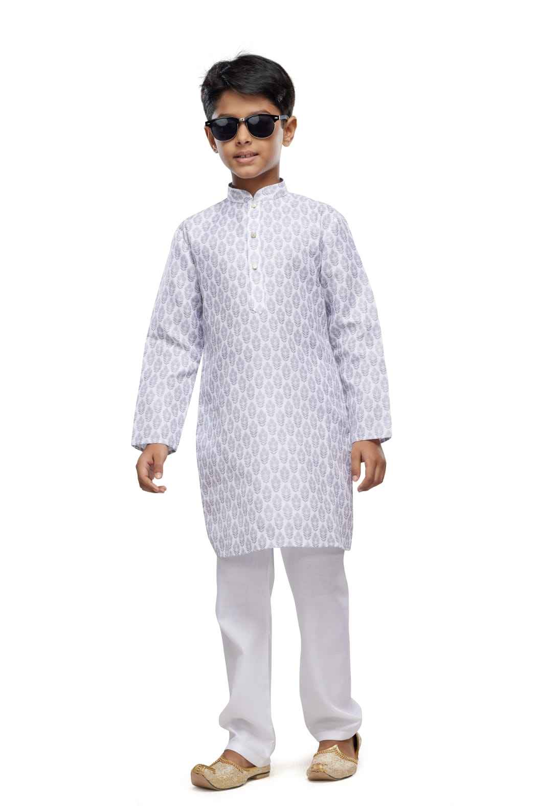 Grey Pure Soft Art Banarasi Silk Digital Print Boys Kurta Pajama