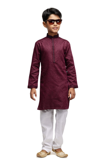Maroon Pure Soft Art Banarasi Silk Thread Work Boys Kurta Pajama 