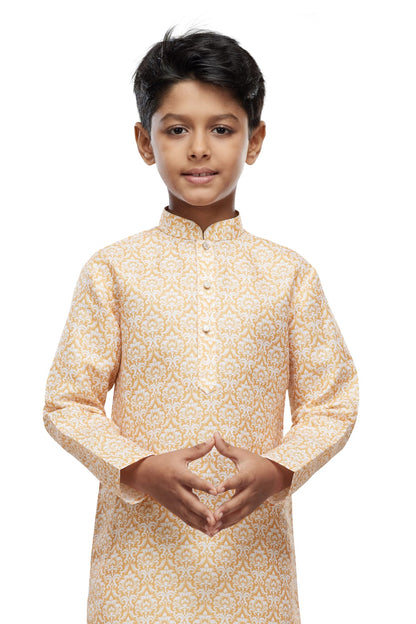 Yellow Pure Soft Art Banarasi Silk Digital Print Boys Kurta Pajama