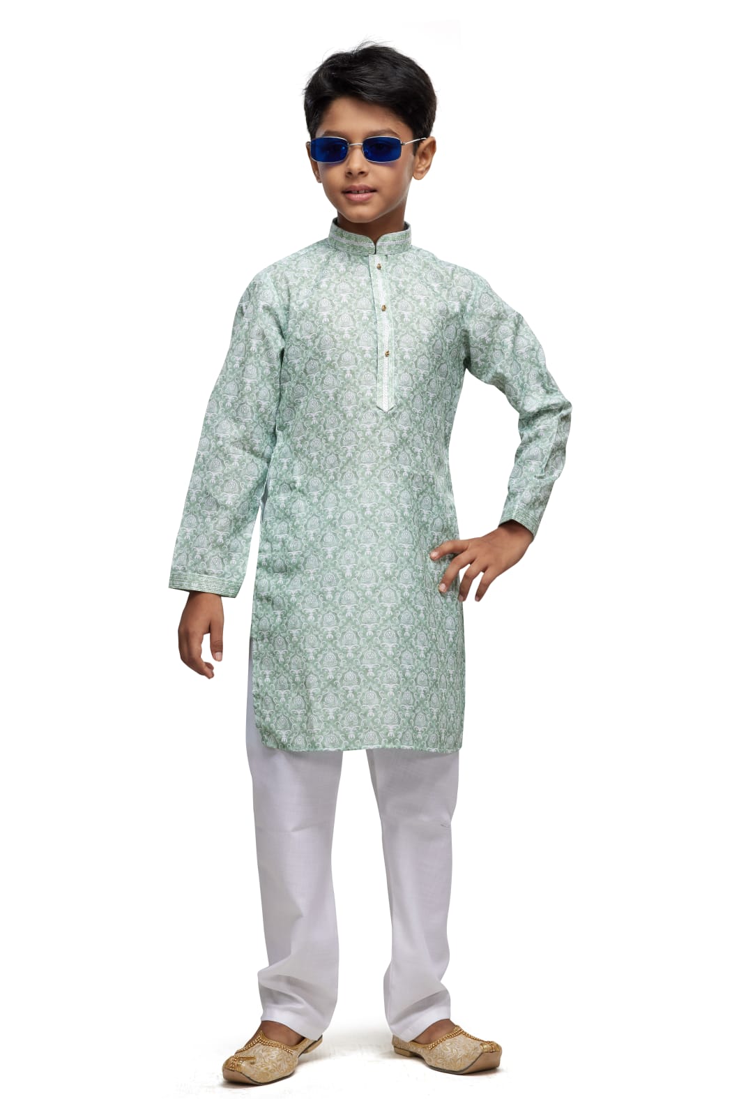 Green Pure Soft Art Banarasi Silk Thread Work Boys Kurta Pajama 