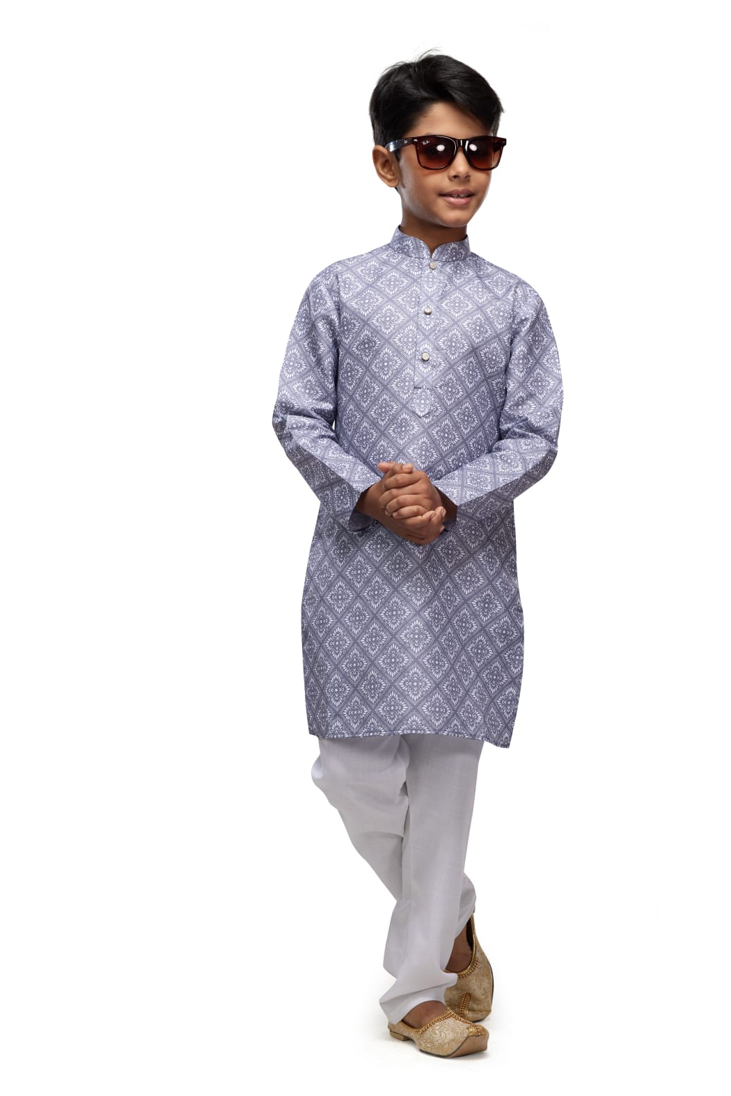 Grey Pure Soft Art Banarasi Silk Digital Print Boys Kurta Pajama