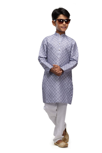 Grey Pure Soft Art Banarasi Silk Digital Print Boys Kurta Pajama