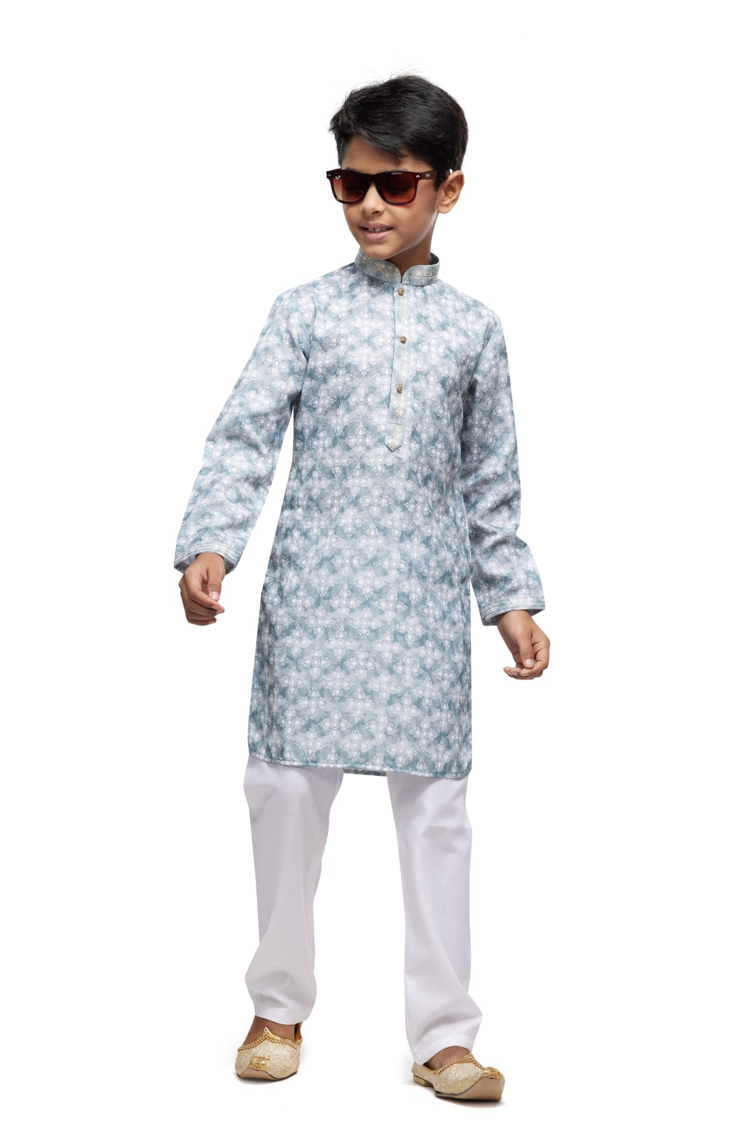 Grey Pure Soft Art Banarasi Silk Thread Work Boys Kurta Pajama 