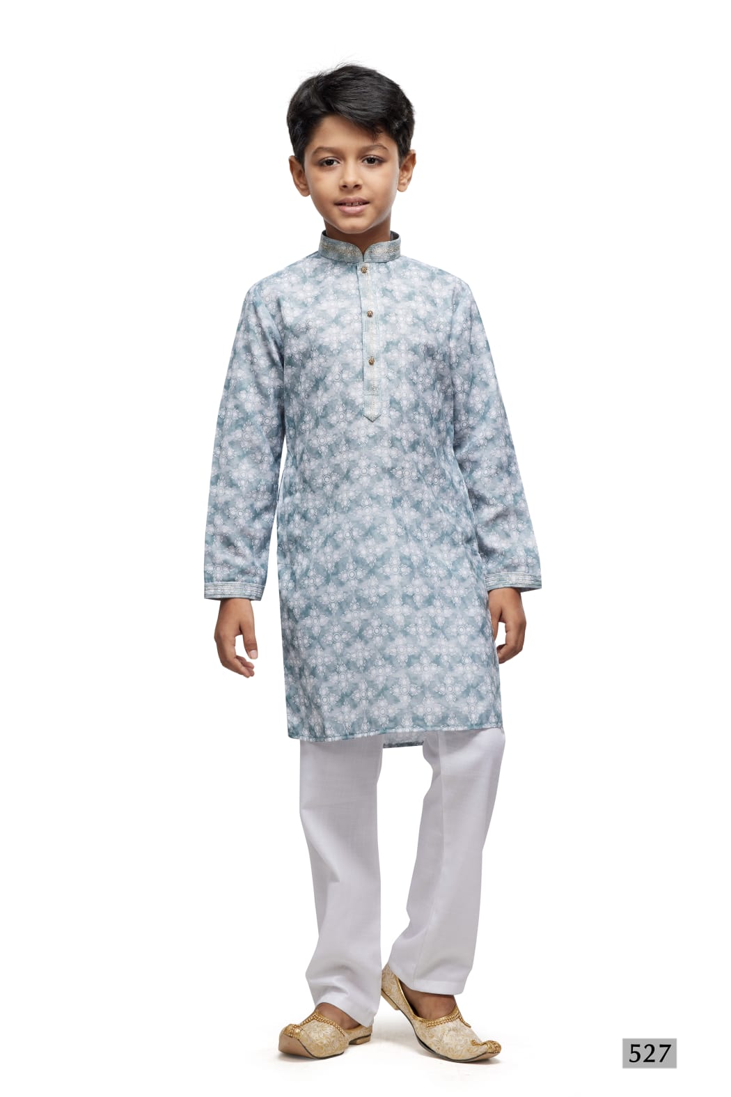 Grey Pure Soft Art Banarasi Silk Thread Work Boys Kurta Pajama 
