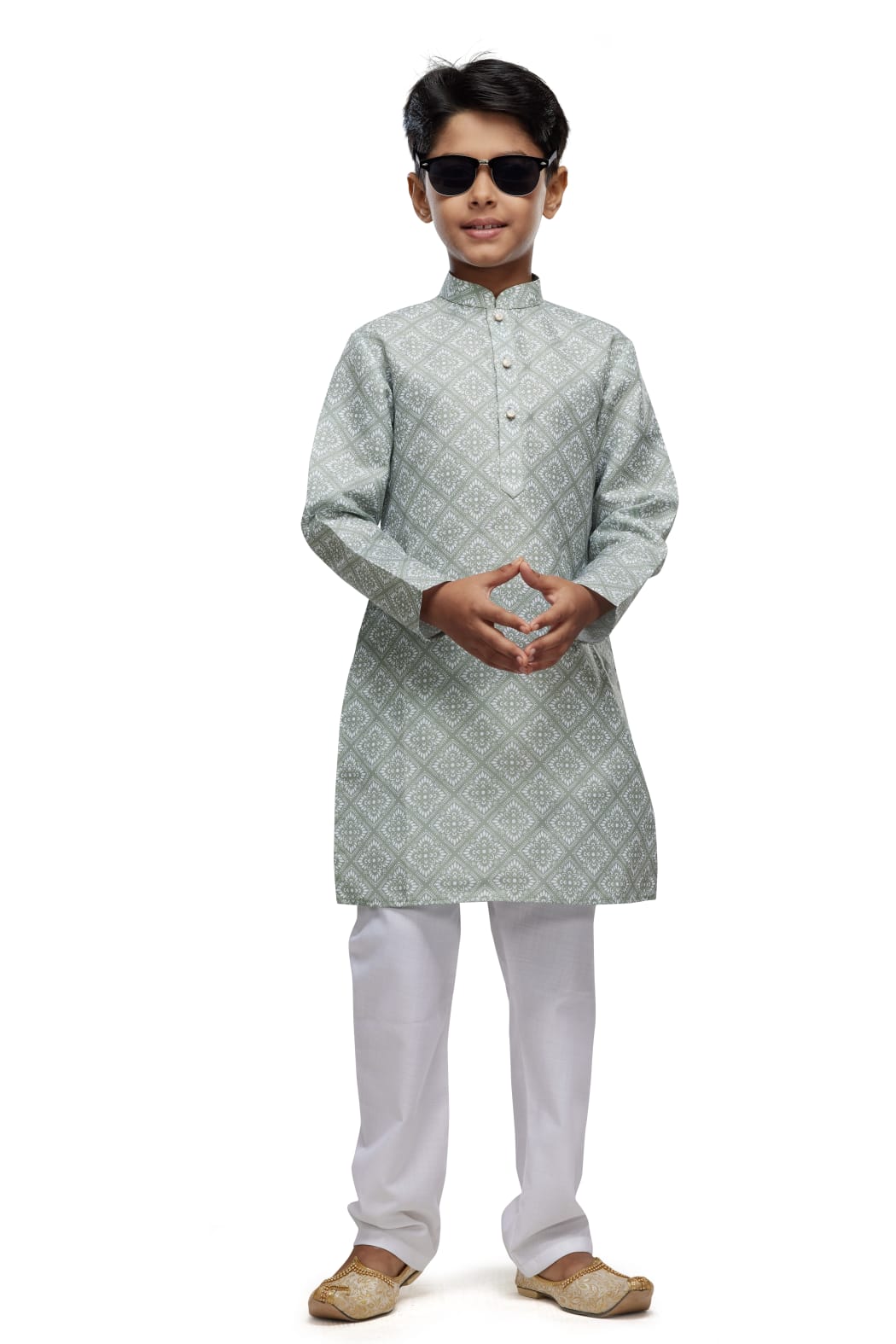 Pista Green Pure Soft Art Banarasi Silk Digital Print Boys Kurta Pajama