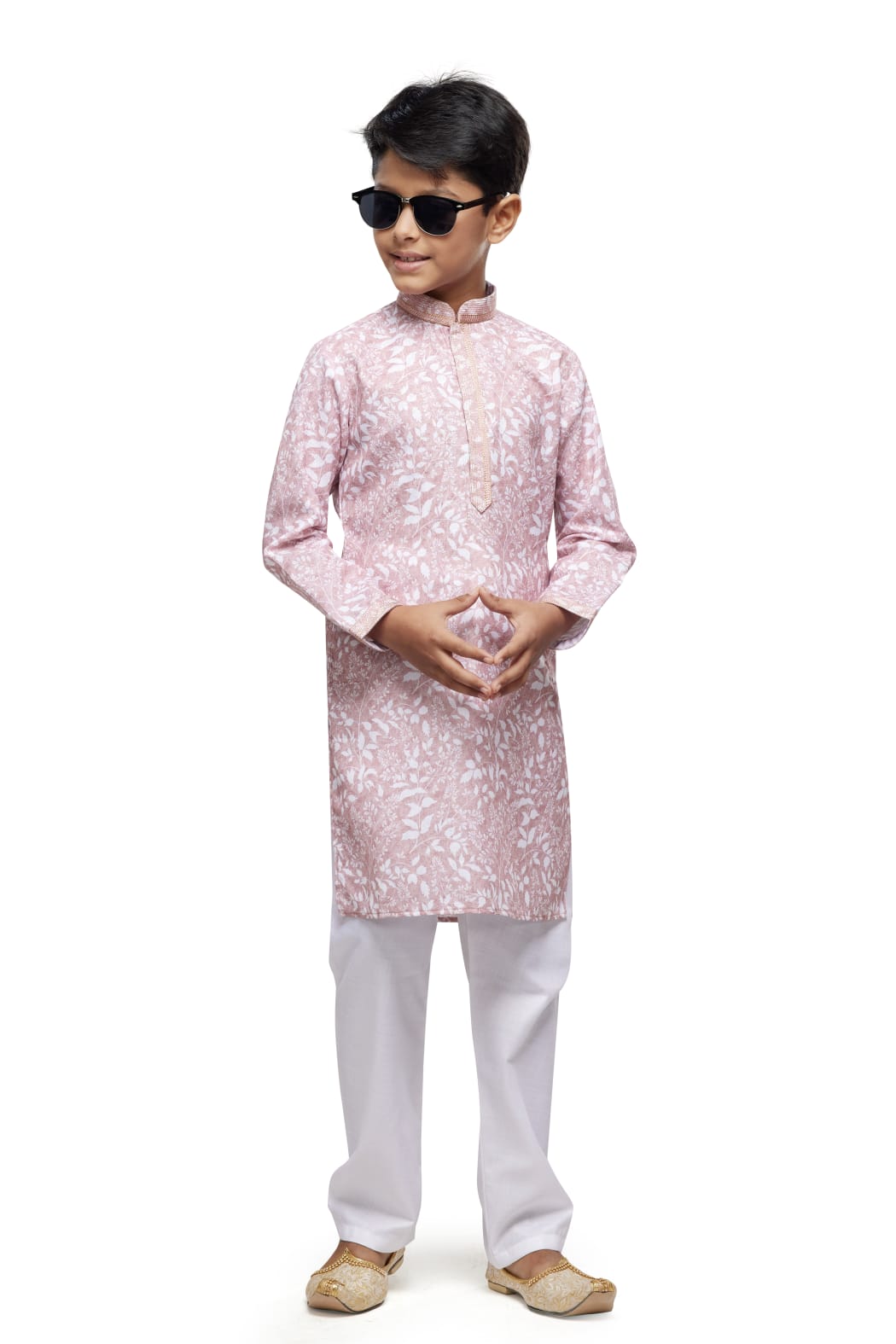 Pink Pure Soft Art Banarasi Silk Thread Work Boys Kurta Pajama 