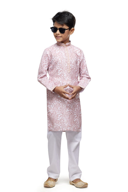 Pink Pure Soft Art Banarasi Silk Thread Work Boys Kurta Pajama 
