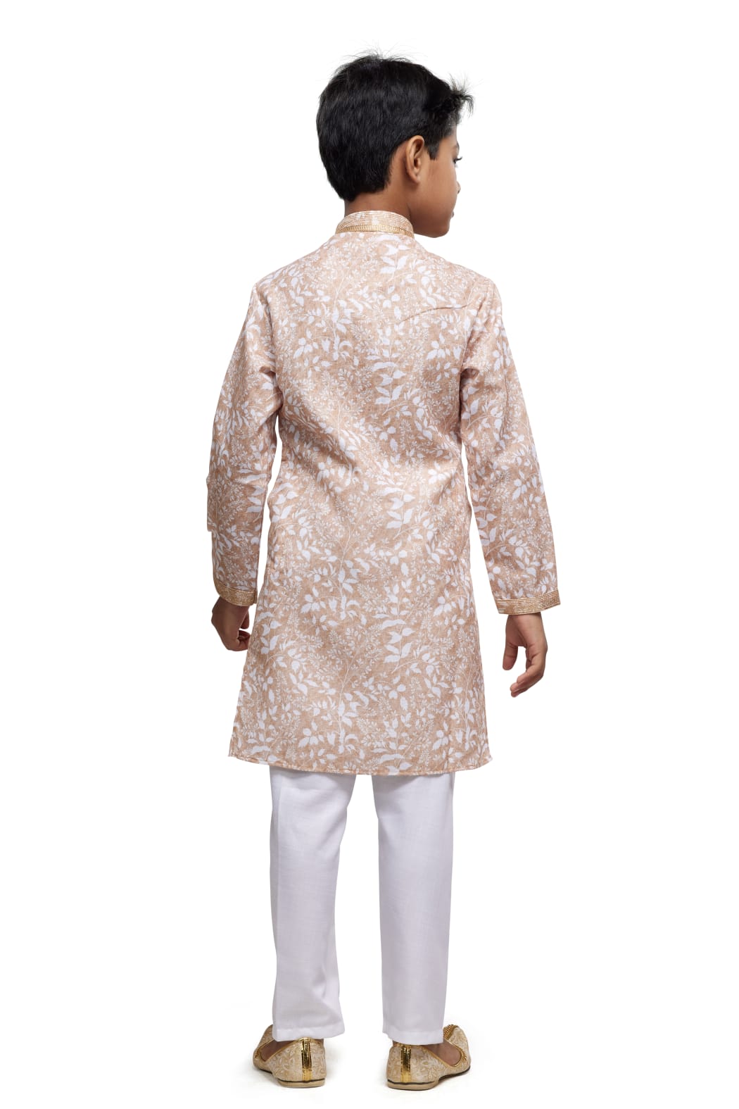 Peach Pure Soft Art Banarasi Silk Thread Work Boys Kurta Pajama 