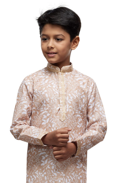 Beige Pure Soft Art Banarasi Silk Thread Work Boys Kurta Pajama 