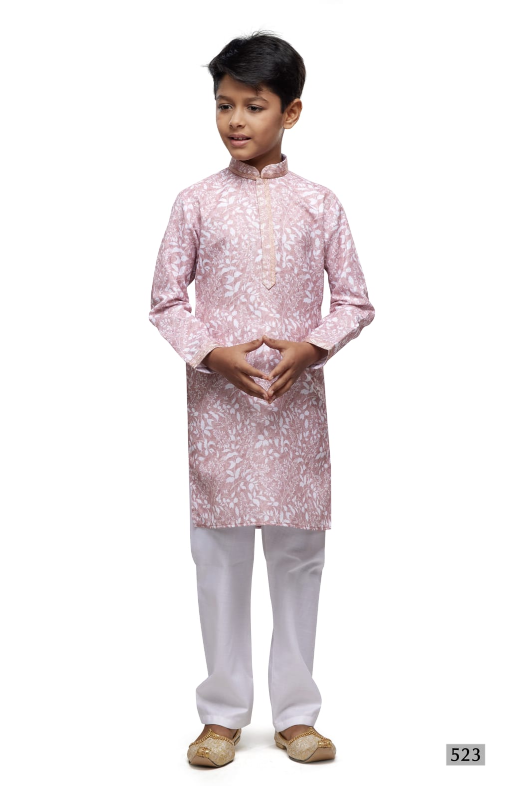 Pink Pure Soft Art Banarasi Silk Thread Work Boys Kurta Pajama 