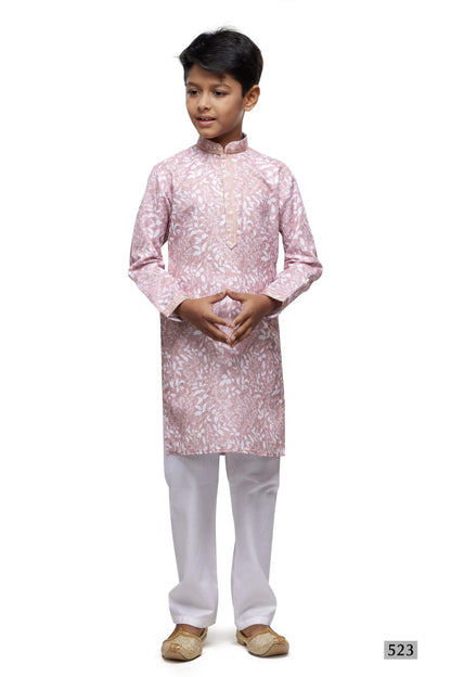 Pink Pure Soft Art Banarasi Silk Thread Work Boys Kurta Pajama 