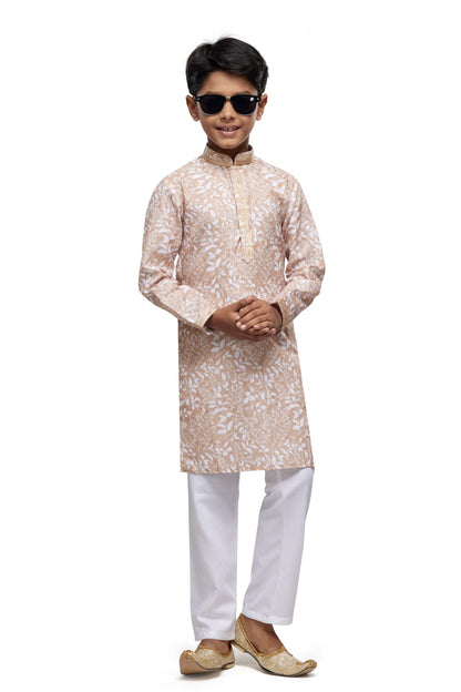 Beige Pure Soft Art Banarasi Silk Thread Work Boys Kurta Pajama 